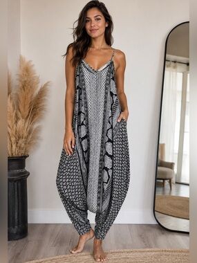 California Moonrise Boho Harem Jumpsuit Black & White | Relaxed Fit